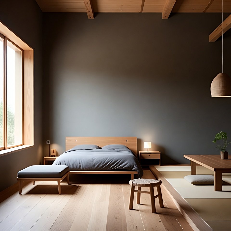 Modern grey bedroom with upholstered bed, soft grey bedding, and minimalist interior decor