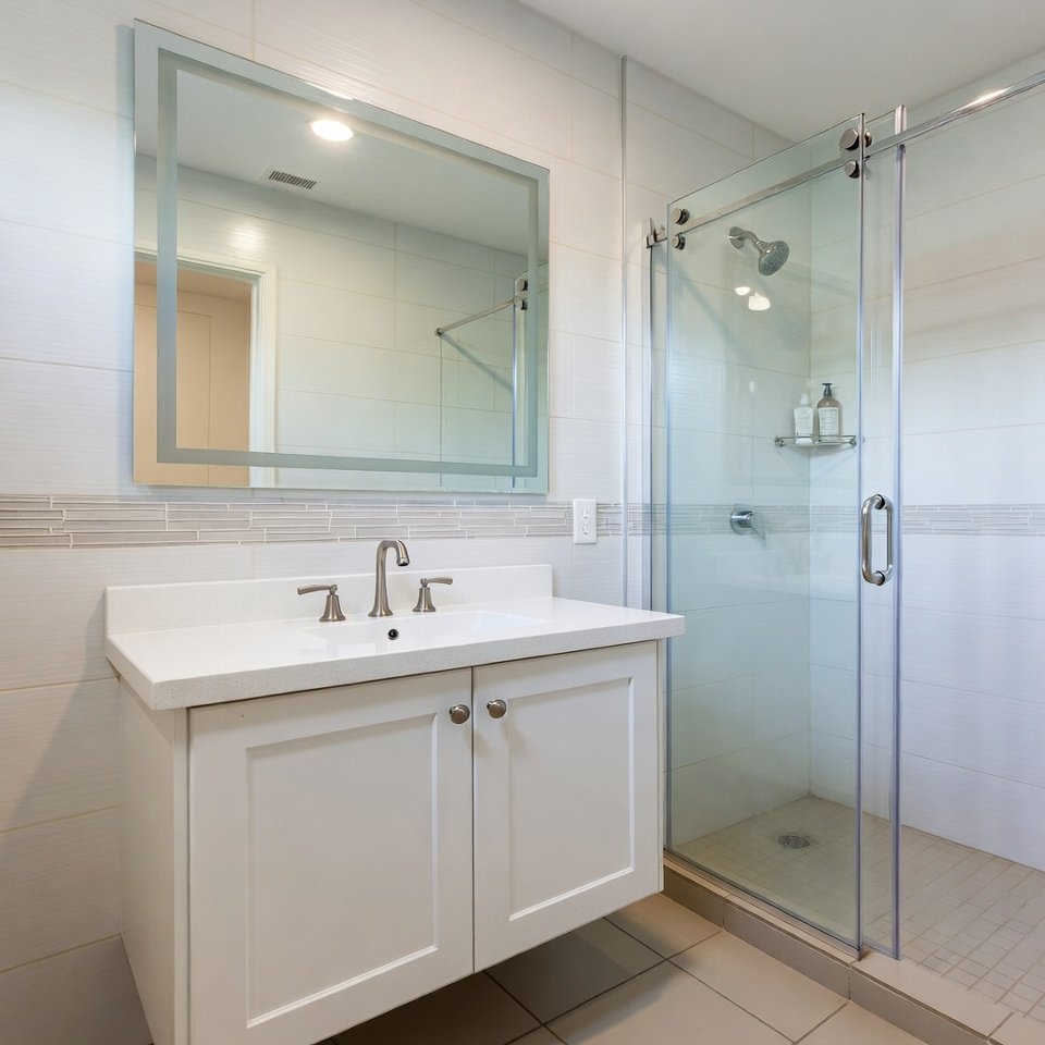 Modern bathroom vanity with a large mirror and layered lighting, clean layout, and sleek finish