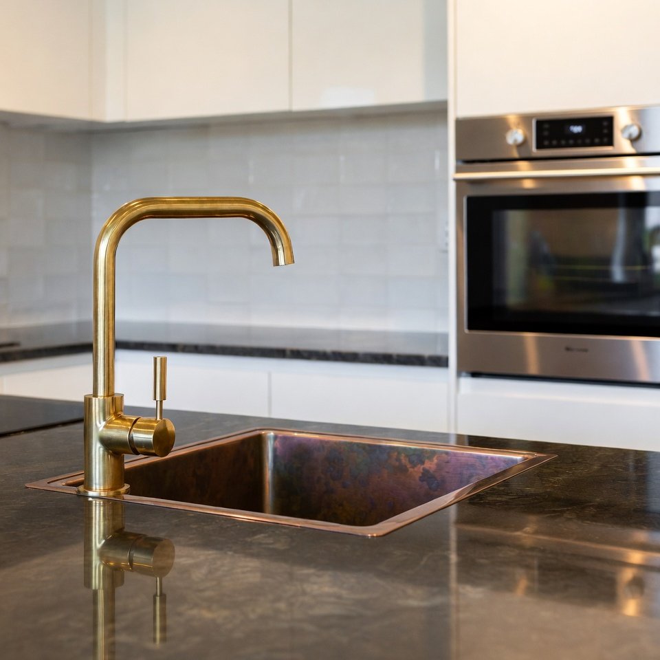 Compact kitchen with a small size sink installed in a narrow countertop and simple cabinets.