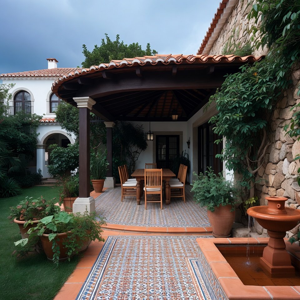 Backyard patio with a shade structure, outdoor seating, and landscaped plants creating a cool and comfortable outdoor space.