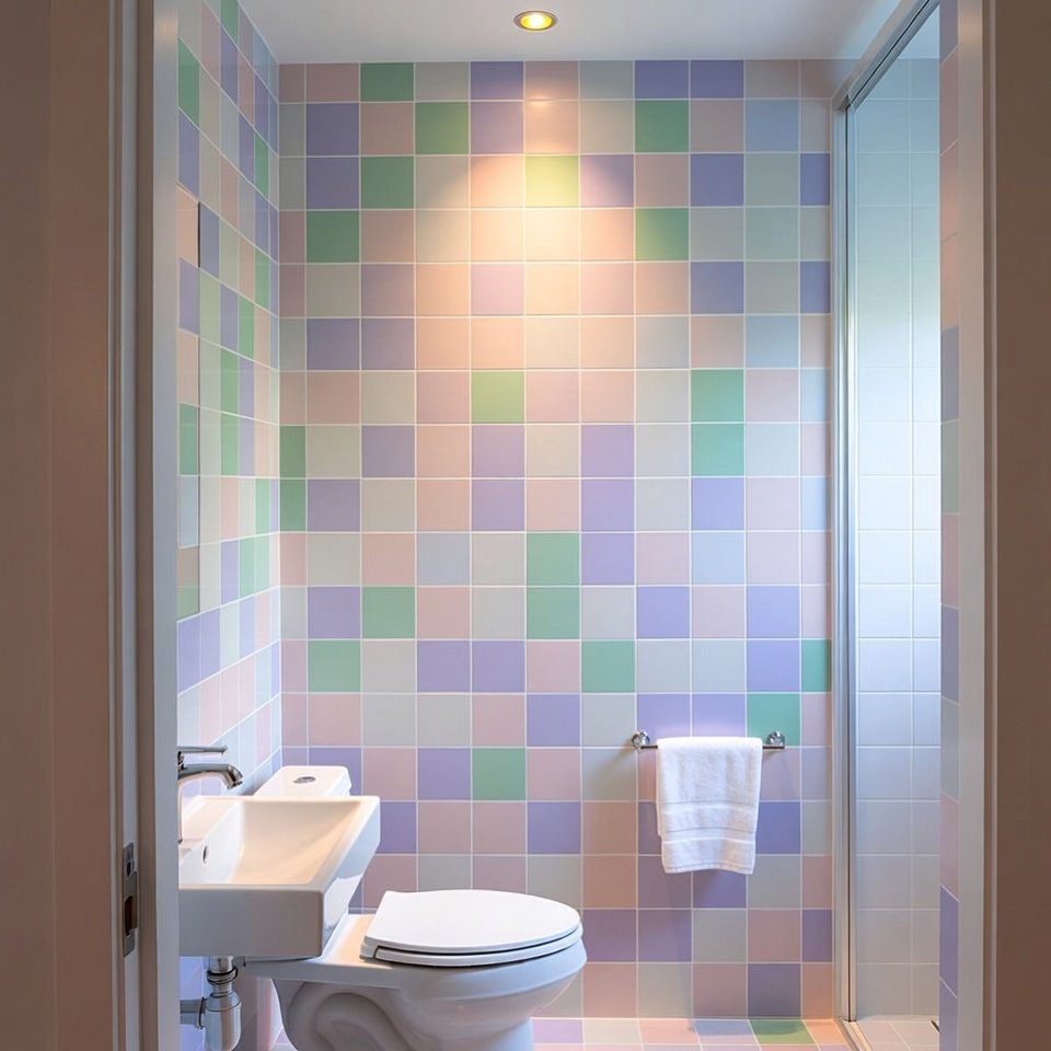 Bathroom with soft pastel tile palette featuring light pink, mint, and pale blue tiles creating a calm and airy look.