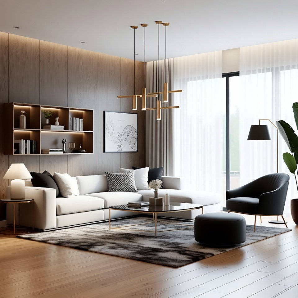 Cozy modern living room with sectional sofa, coffee table, soft lighting, and wall decor ideas