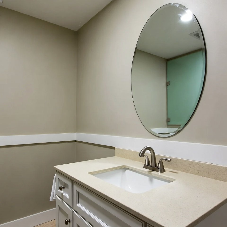 Modern bathroom with a single sink vanity, clean lines, neutral tones, and minimal decor