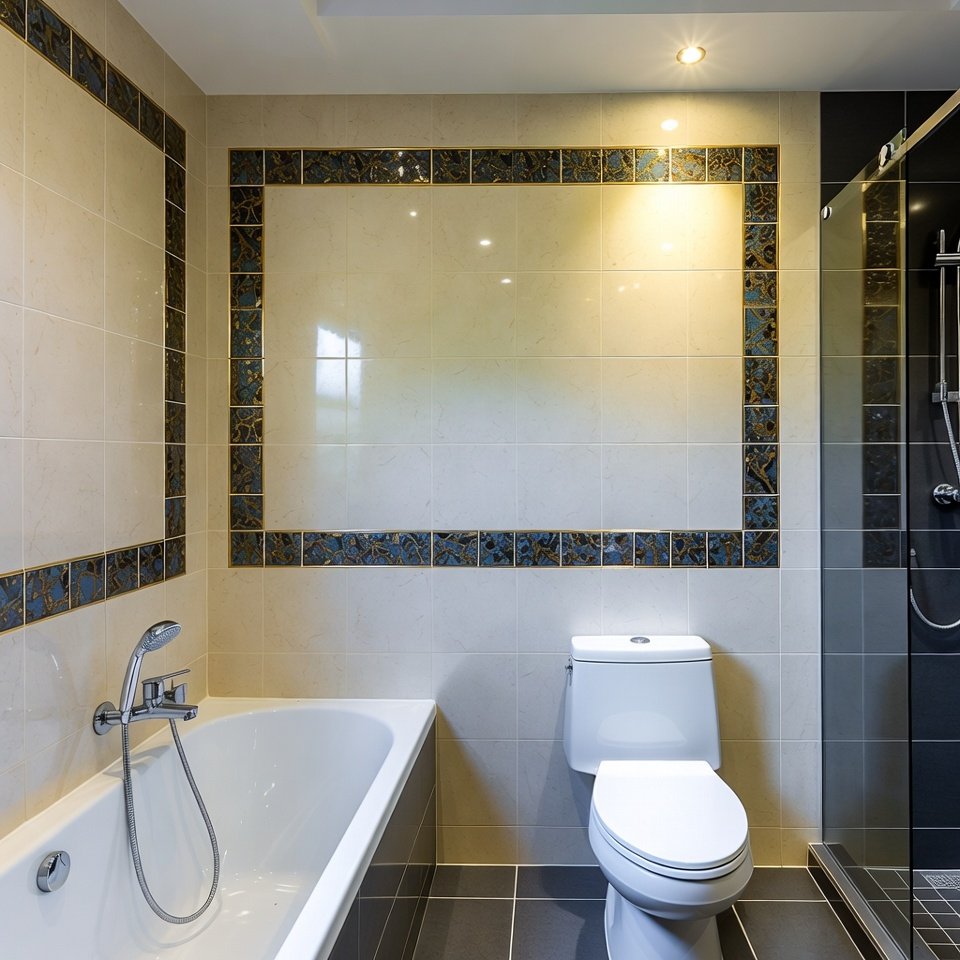 Bathroom interior with accent tile border running along the wall above neutral tiles