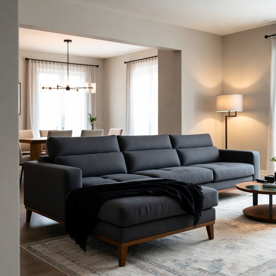 Cozy living room with neutral furniture, wooden accents, and warm lighting