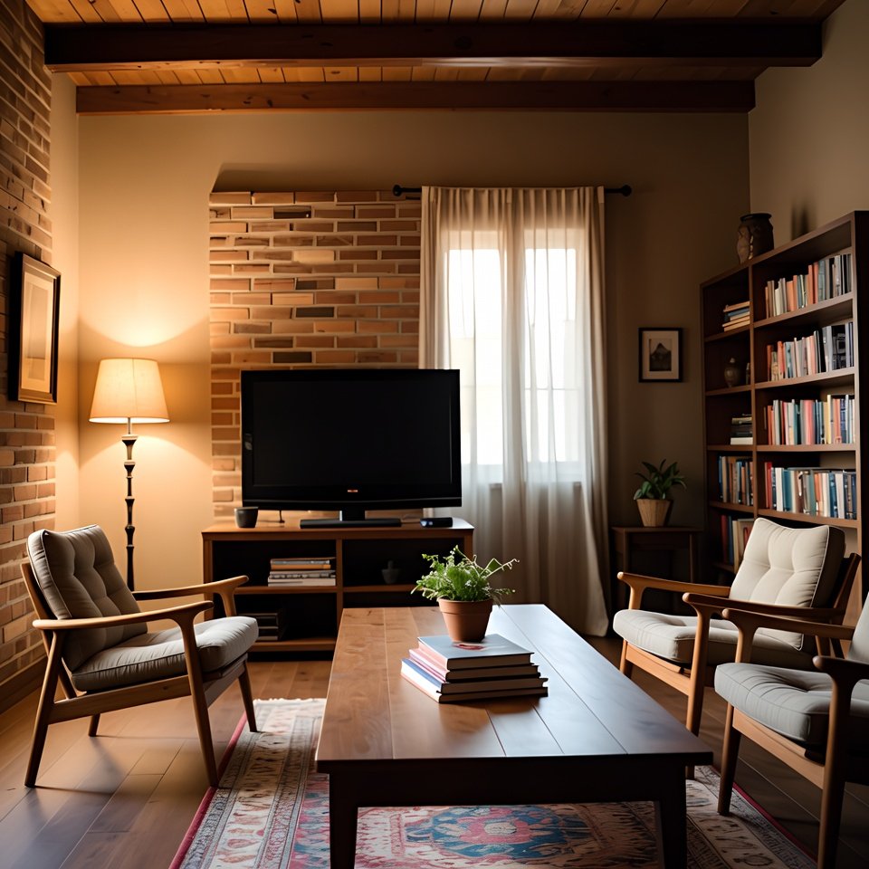 Living room with wooden furniture, including a wood coffee table, cabinets, and a warm seating setup.