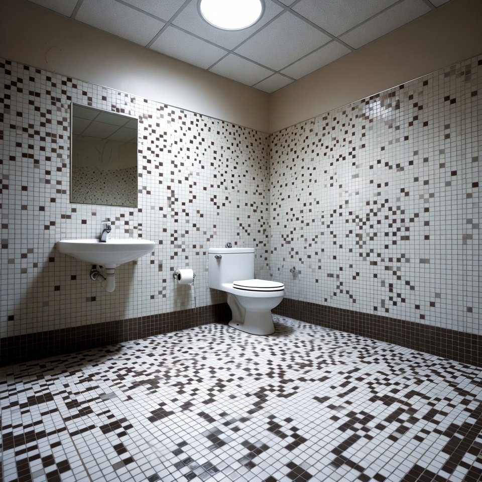 Bathroom with mosaic floor tiles made of small tiles forming a detailed textured pattern.