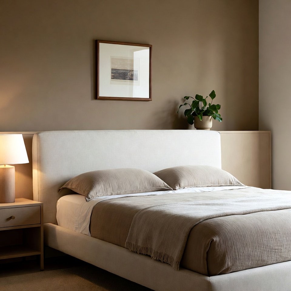 Bedroom with an upholstered bed set featuring a padded fabric headboard, soft bedding, and matching nightstands.