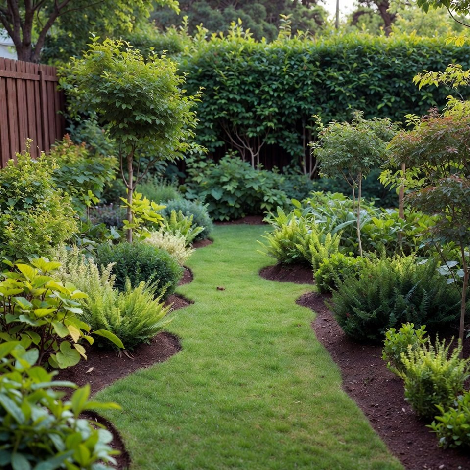 Spacious backyard with green lawn, paved patio area, and modern outdoor seating under soft evening lighting.