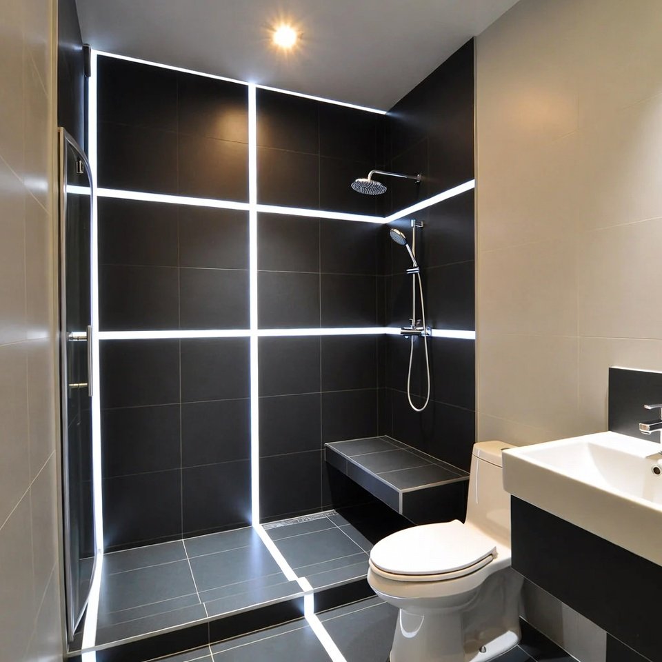 Modern bathroom with contrast grout tile design, white tiles and dark grout lines creating a bold geometric pattern on the walls.