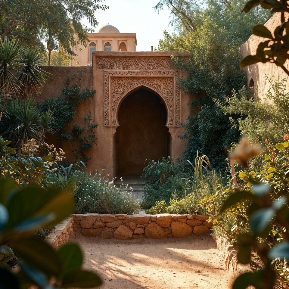  Backyard design with patio furniture, landscaped greenery, and decorative features