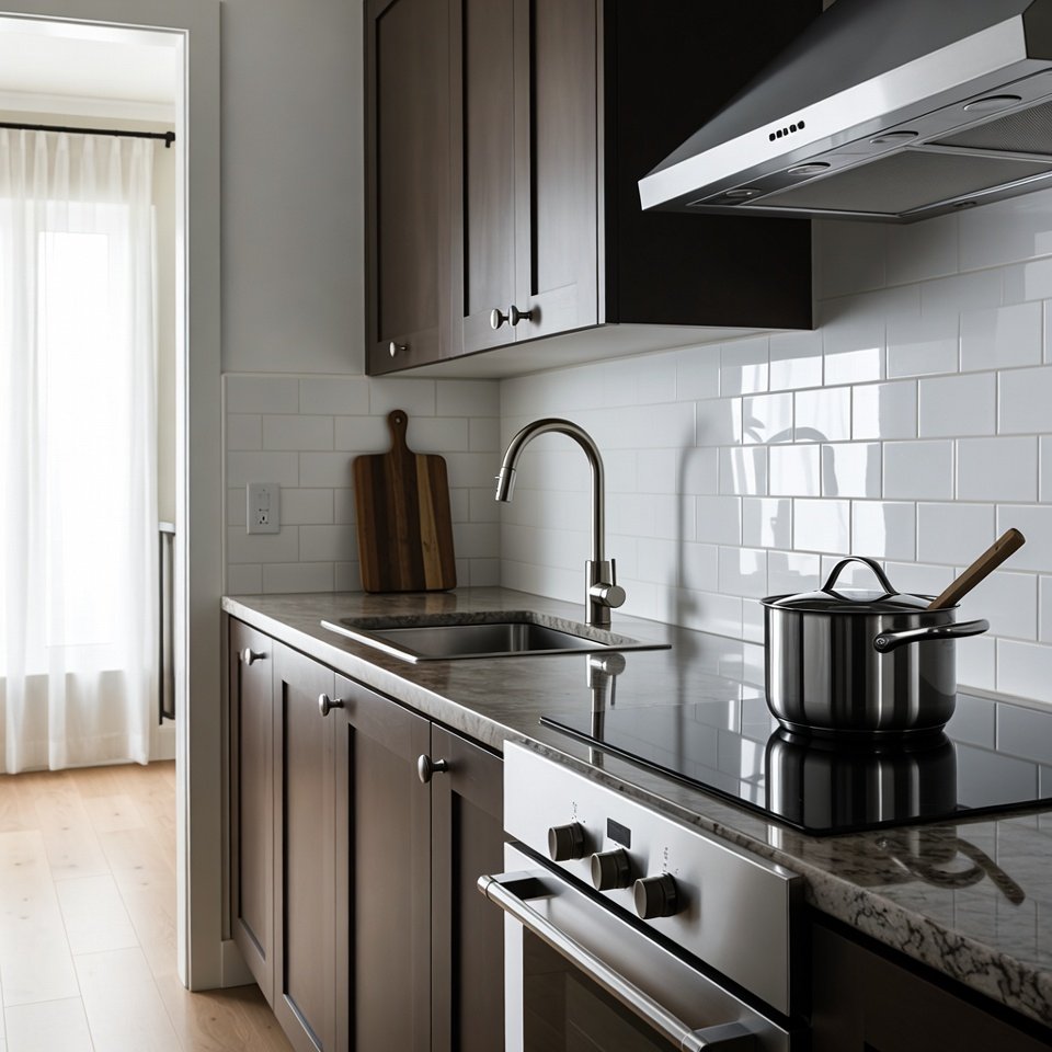 Modern kitchen with a stainless steel sink set into a clean countertop and surrounded by contemporary cabinets.