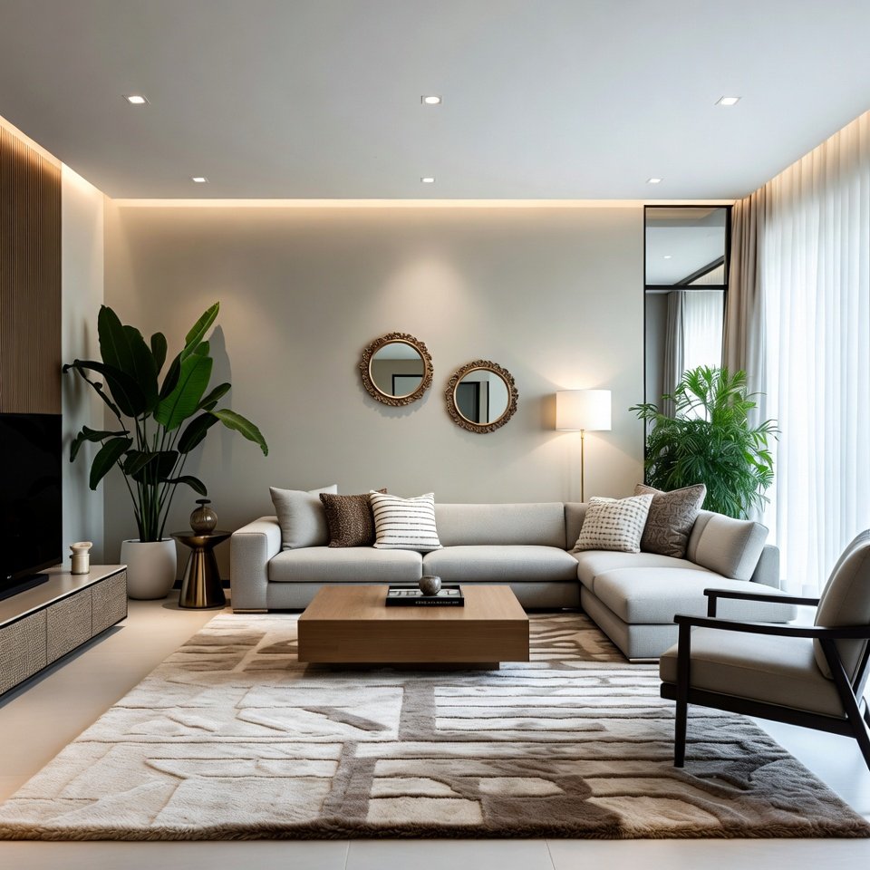 Large living room with small decorative mirrors on the wall and a soft area rug under the seating area.