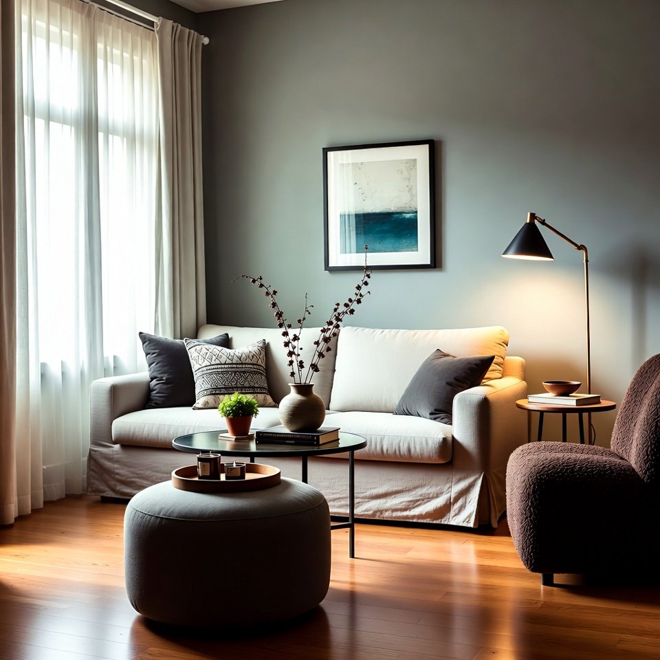 Modern living room with gray sofa, accent chairs, and stylish wall decor ideas