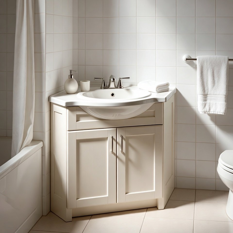 Modern corner bathroom vanity with compact storage and sleek design