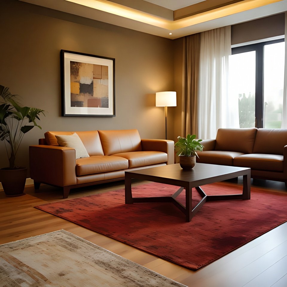Living room with a large area rug placed under the sofa and coffee table.