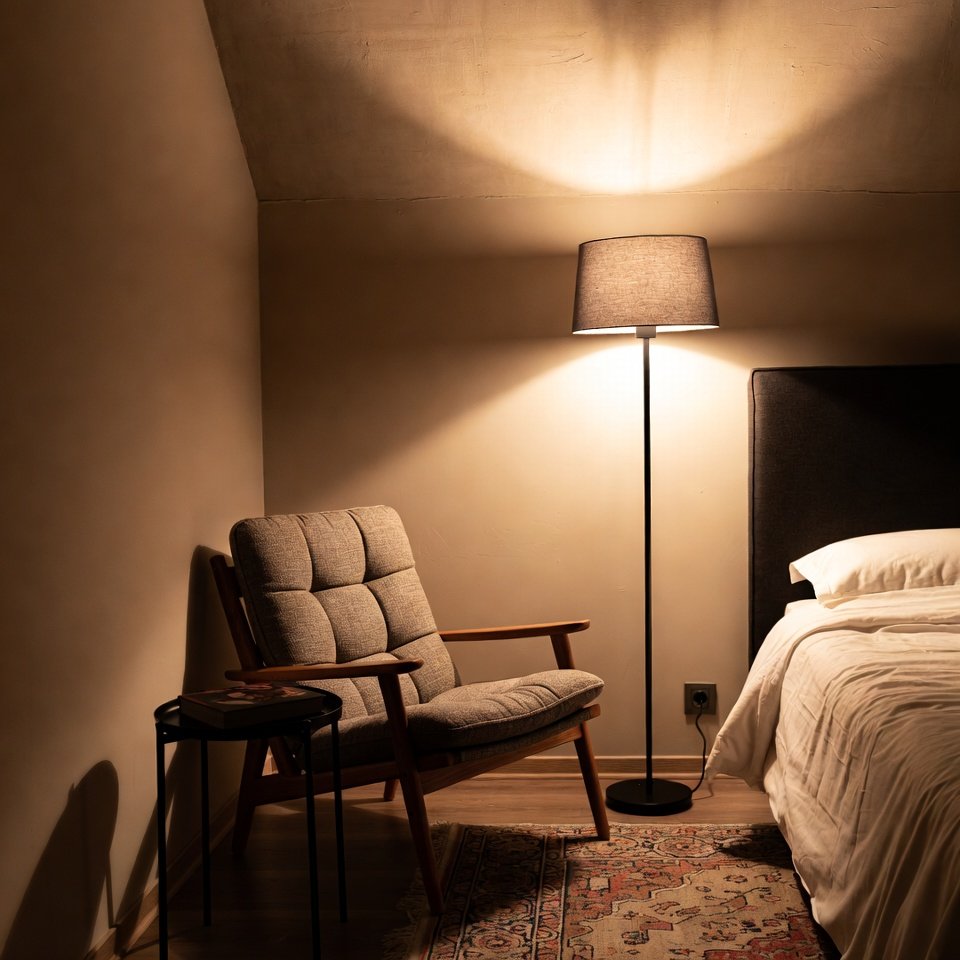 Cozy bedroom corner with a comfortable armchair and floor lamp, creating a relaxing reading or lounging area.