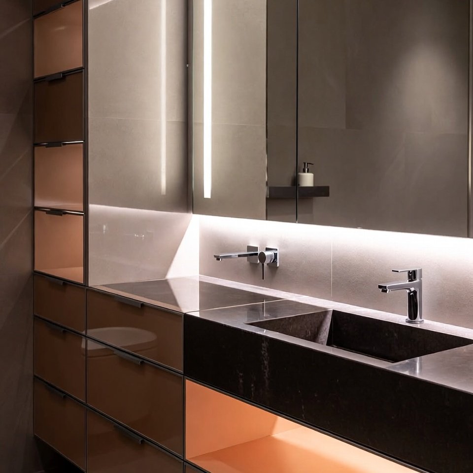 Modern bathroom with a storage vanity, built-in drawers, shelves, and organized layout