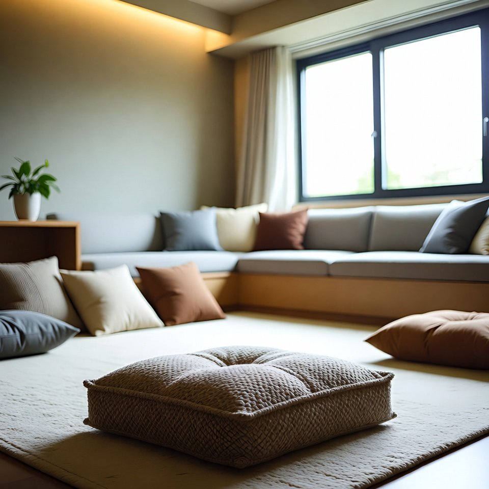 Chic living room with neutral sofa, decorative cushions, and minimalist decor
