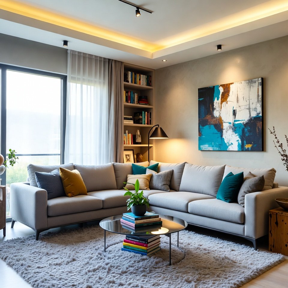 Living room with modern trending furniture, sleek sofa, accent chairs, glass coffee table, and stylish decor accessories.