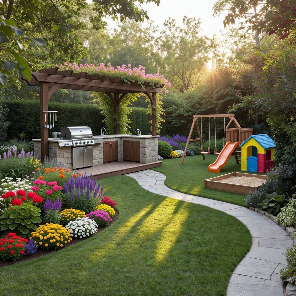 Cozy backyard patio with outdoor sofa, string lights, and surrounding greenery at sunset.