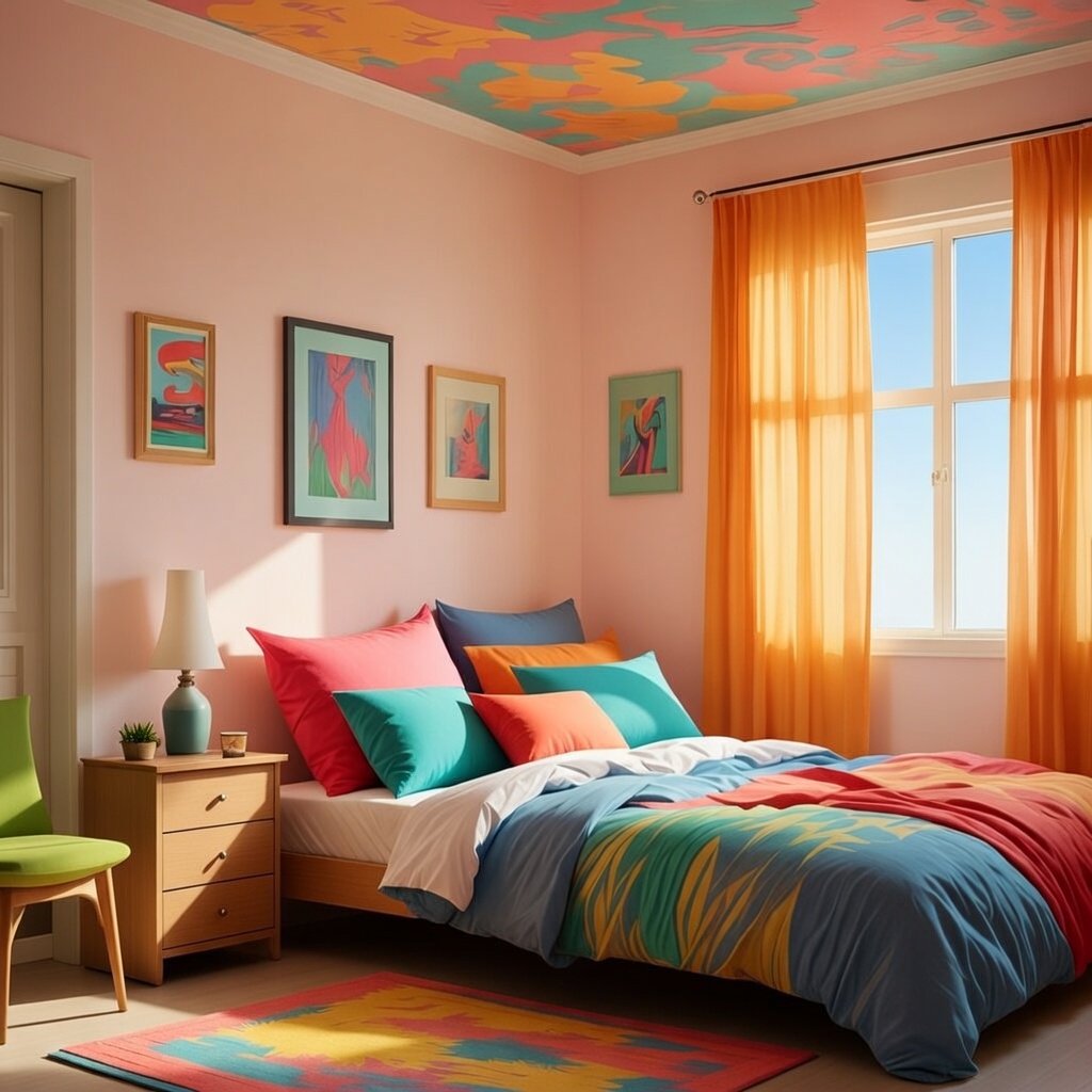 Bedroom with bold colours featuring a vibrant bed frame, colorful bedding, and bright accent décor