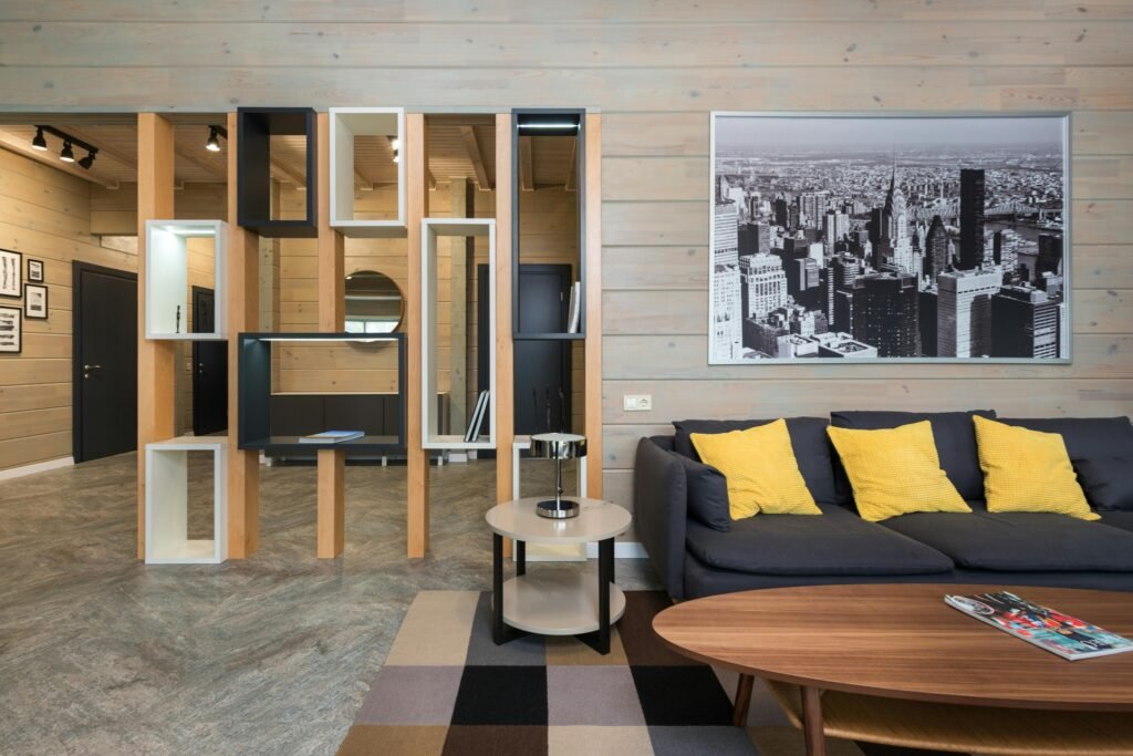 “Modern living room with built-in storage cabinets and shelves