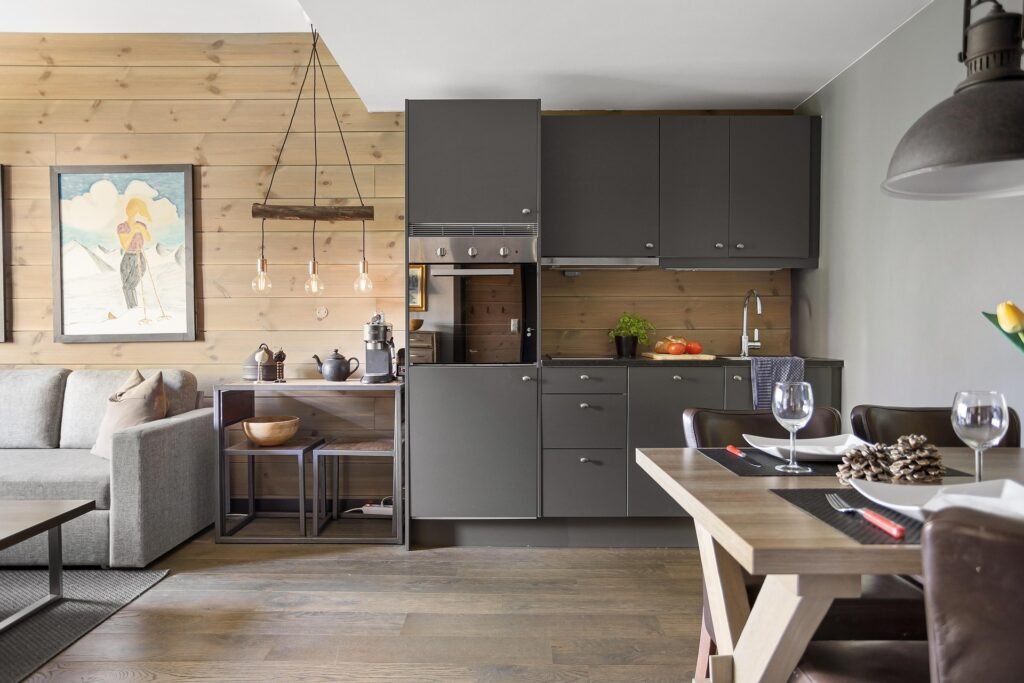 kitchen countertop with sleek surface, modern layout, and stylish kitchen interior