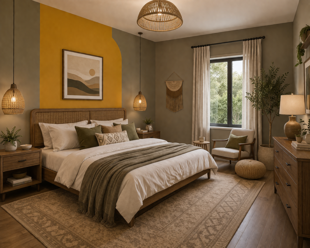 Boho bedroom with mustard yellow accent wall and earthy tones showing master bedroom paint color ideas