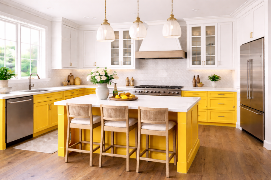 Modern kitchen cabinets ideas with yellow cabinets, white upper cabinets, stylish island, and contemporary lighting in a bright kitchen