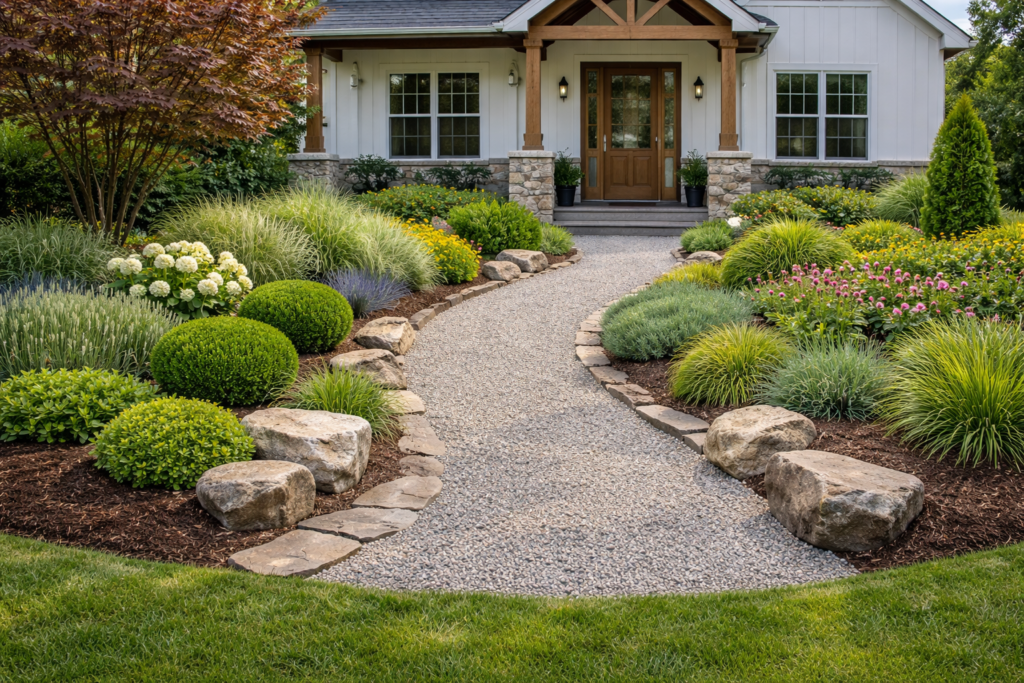 Garden front yard ideas with gravel, mulch beds, and stone pathways in a clean layout