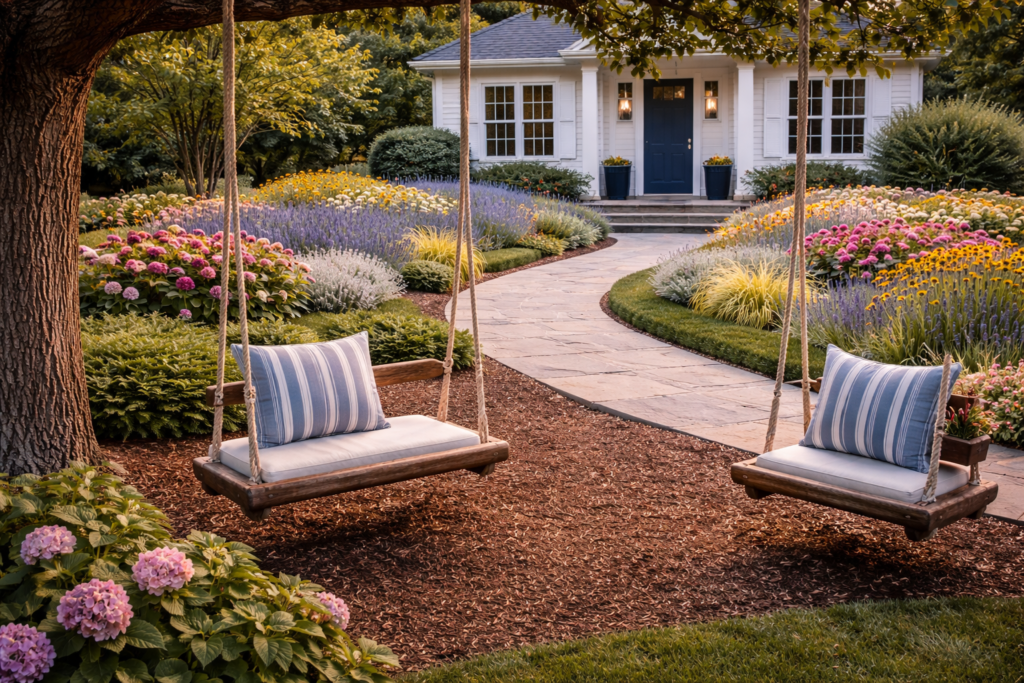 Garden front yard ideas with wooden swings, curved pathway, and cozy seating area