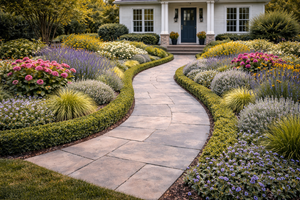 Garden front yard ideas with curved pathways, flowing layout, and soft landscaped edges