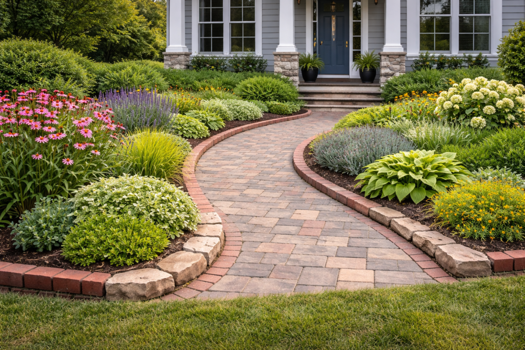 Garden front yard ideas with DIY brick and stone edging along curved walkway