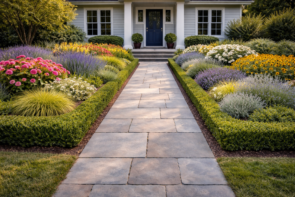 Garden front yard ideas with clear pathways, straight stone walkway, and neatly arranged plants