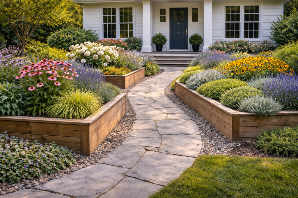 Garden front yard ideas with raised beds, organized planting sections, and neat walkway