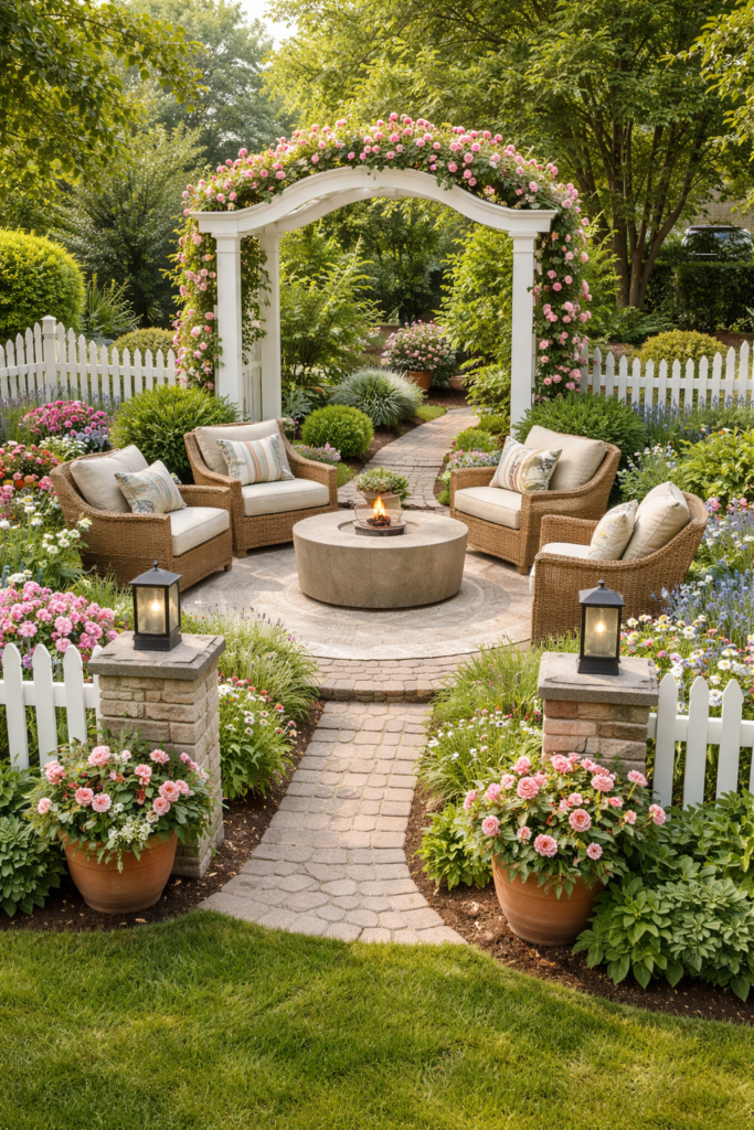 garden front yard ideas with white fence, cozy seating area, fire pit, and colorful flower landscaping
