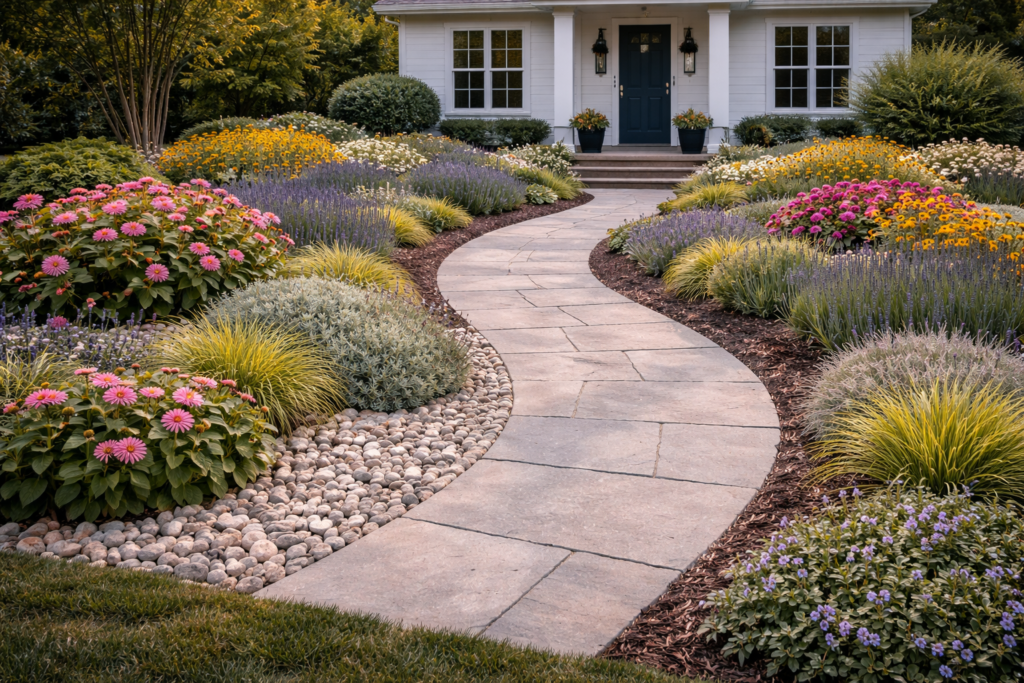 Garden front yard ideas with mulch beds and decorative stone for clean landscaping