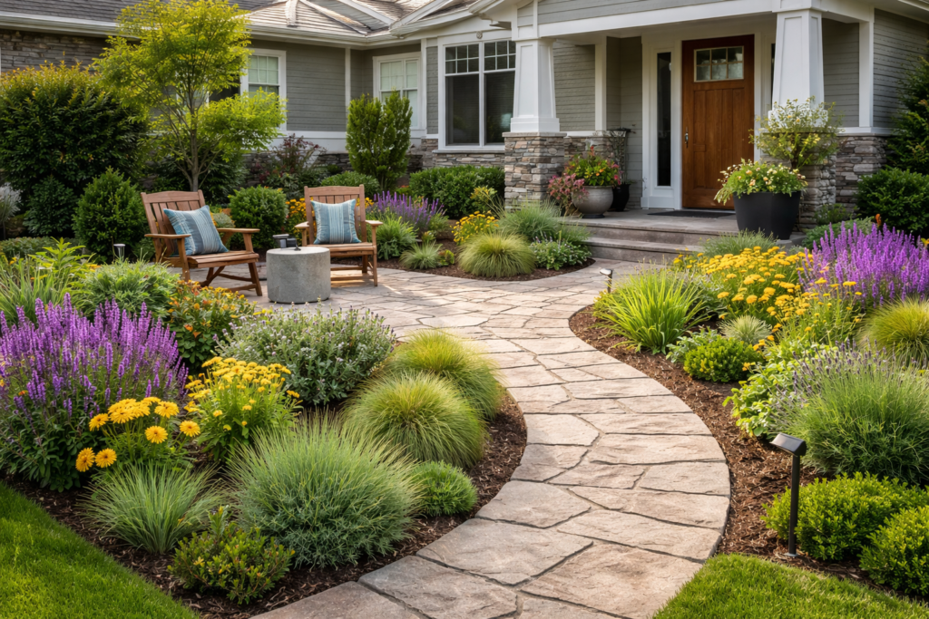 garden front yard ideas with curved stone pathway, colorful flowers, and modern seating area in a USA home landscape