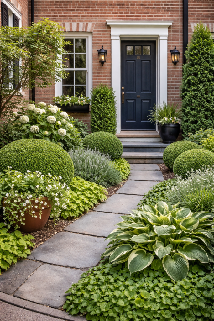 Garden front yard ideas for small spaces with lush greenery, compact plants, and narrow walkway design