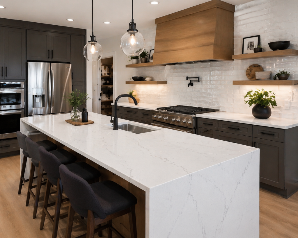 kitchen countertop with white quartz island, waterfall edge, and modern dark cabinets