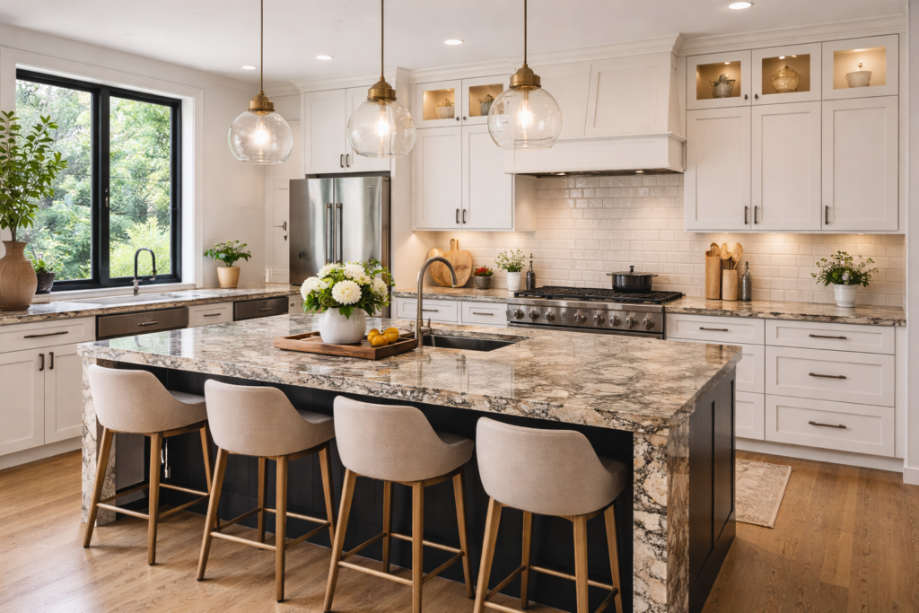 kitchen countertop with polished granite surface, modern cabinets, and built-in appliances