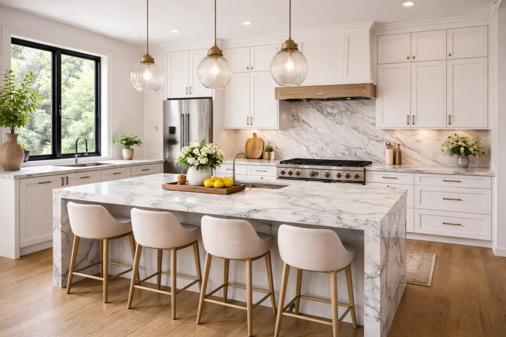 kitchen countertop with white marble surface, gray veining, and modern kitchen layout