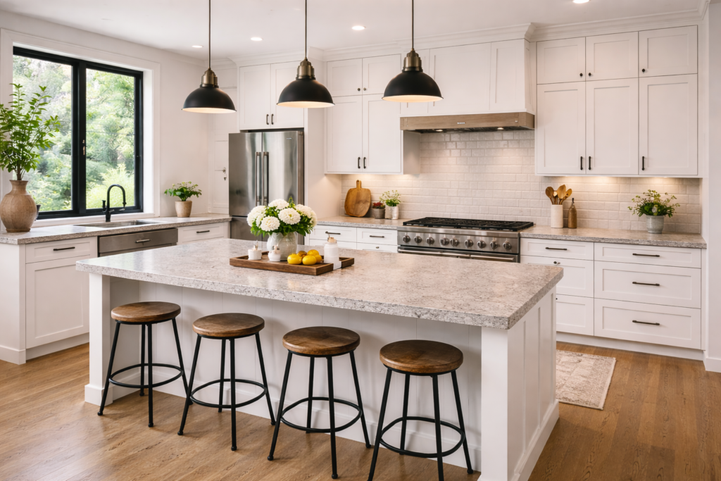 kitchen countertop with laminate surface, modern white cabinets, and central island