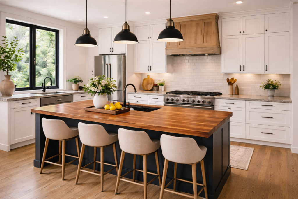 kitchen countertop with butcher block surface, wooden island, and modern kitchen design