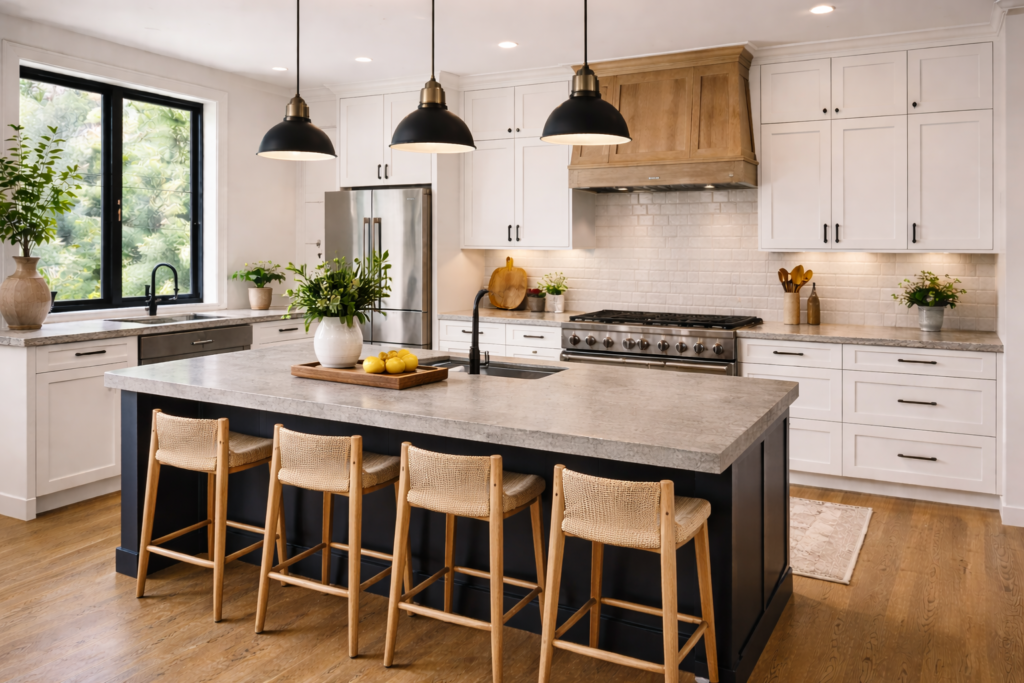 kitchen countertop with concrete surface, modern cabinets, and industrial style design