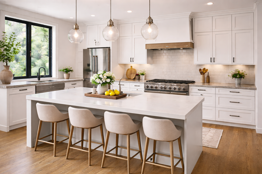kitchen countertop with straight edge design, modern cabinets, and clean layout
