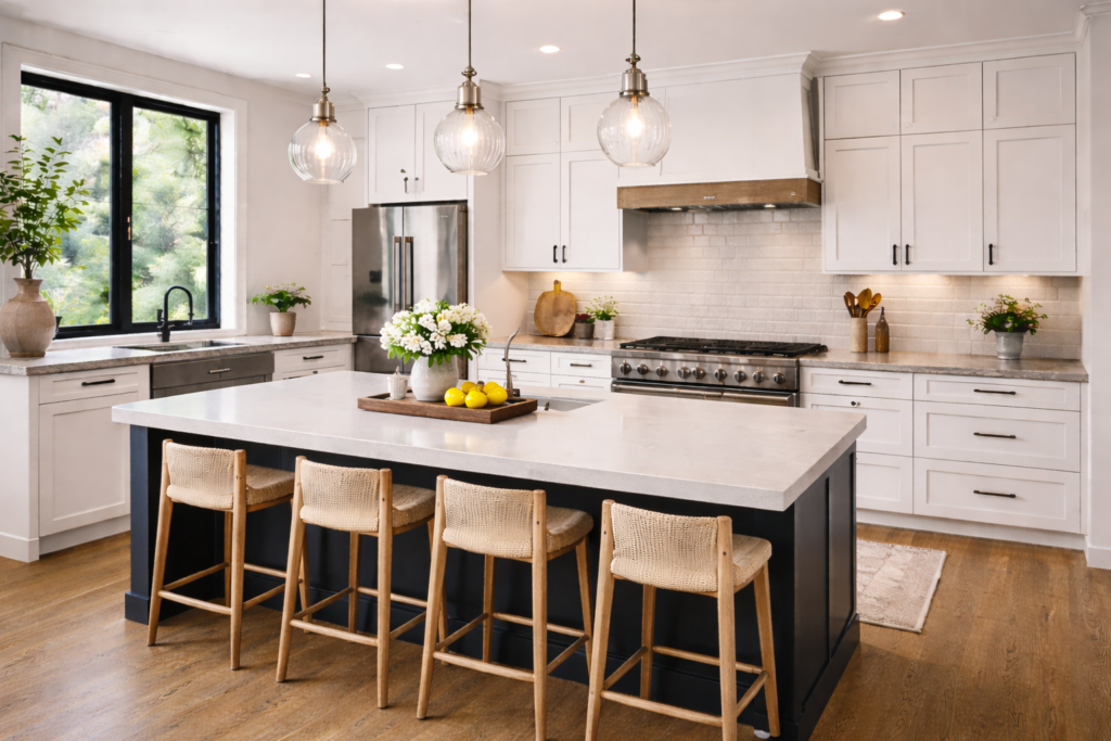 kitchen countertop with beveled edge detail, modern cabinets, and elegant kitchen design
