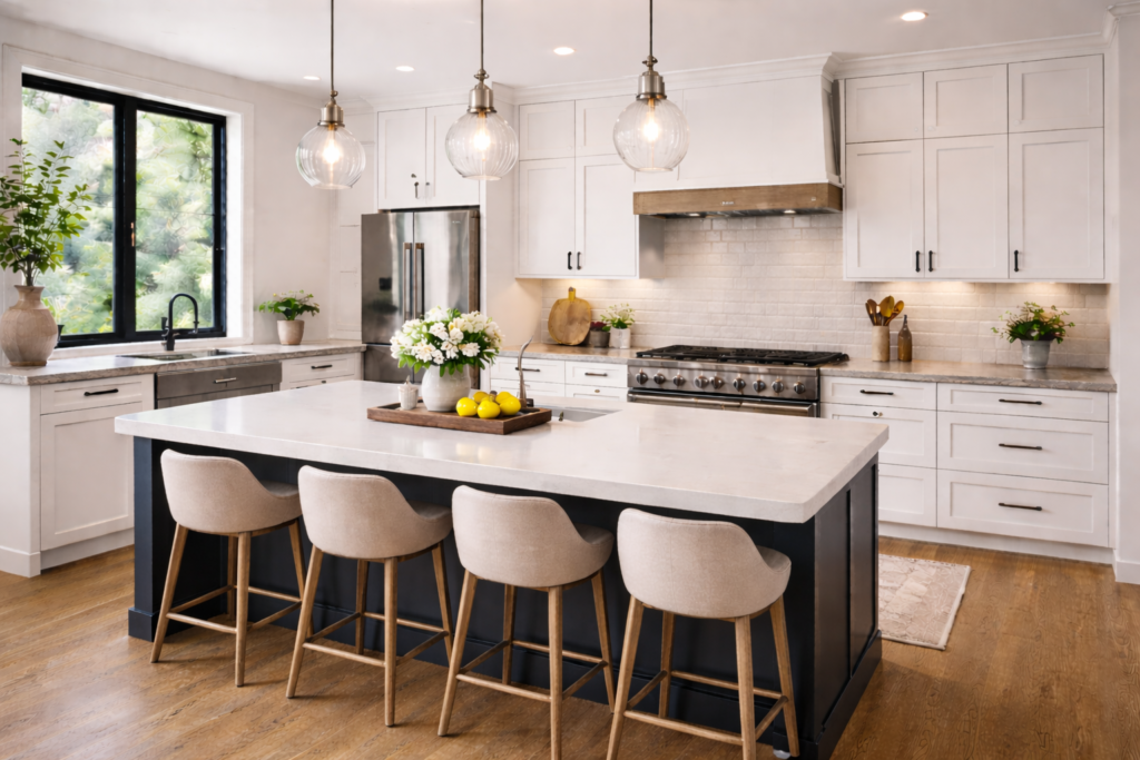 kitchen countertop with bullnose edge, smooth rounded finish, and modern kitchen layout
