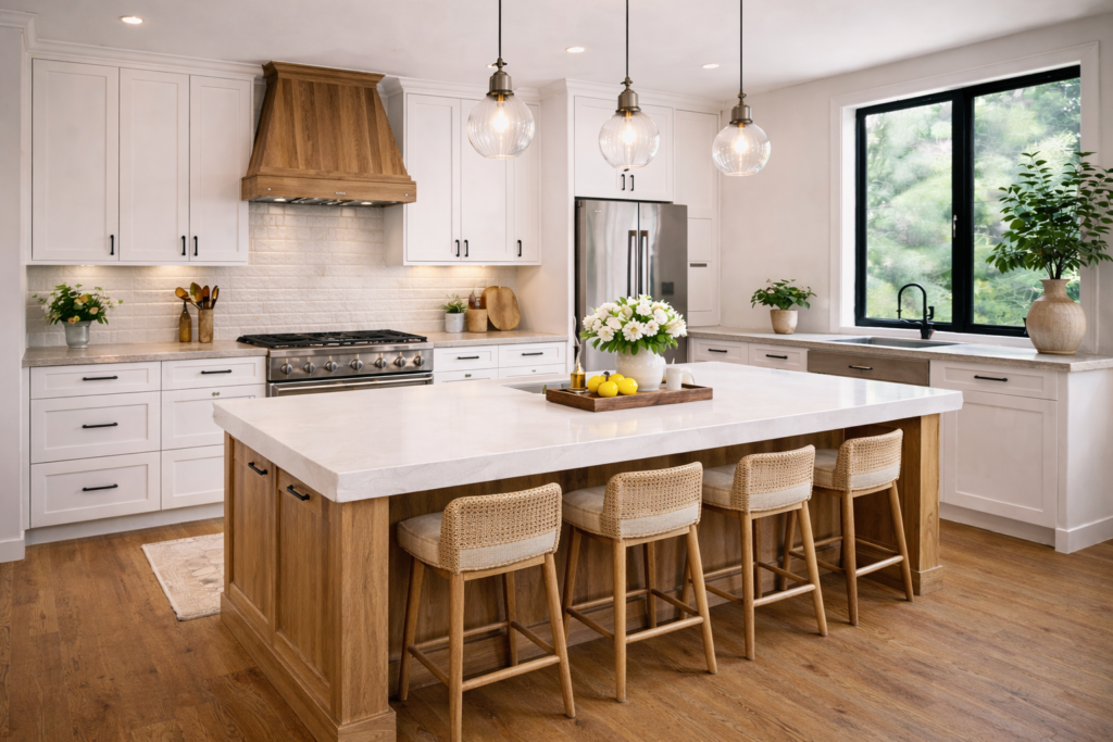 kitchen countertop with large island, L-shaped layout, and modern farmhouse design